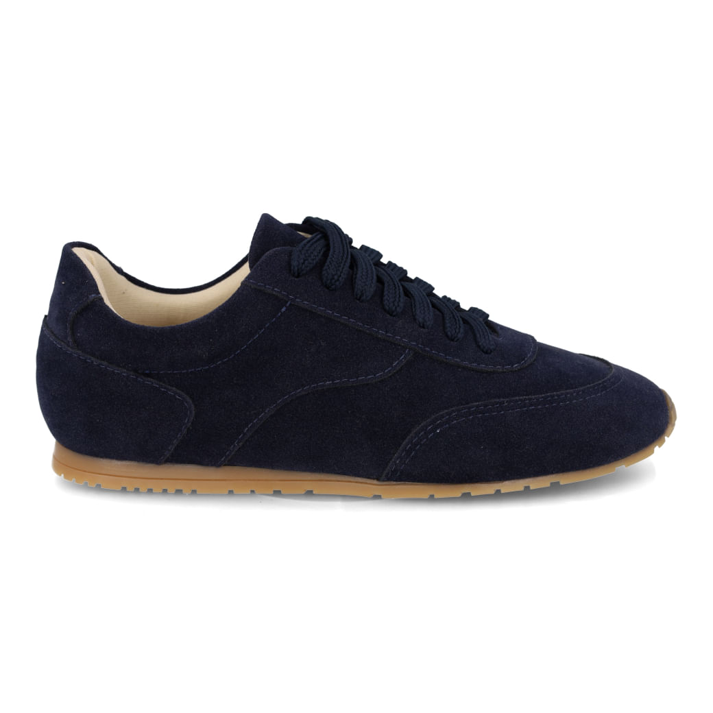 Tênis casual feminino M Shuz na cor marinho em material têxtil, com fechamento por cadarço e solado em borracha, visto de frente com fundo branco.
